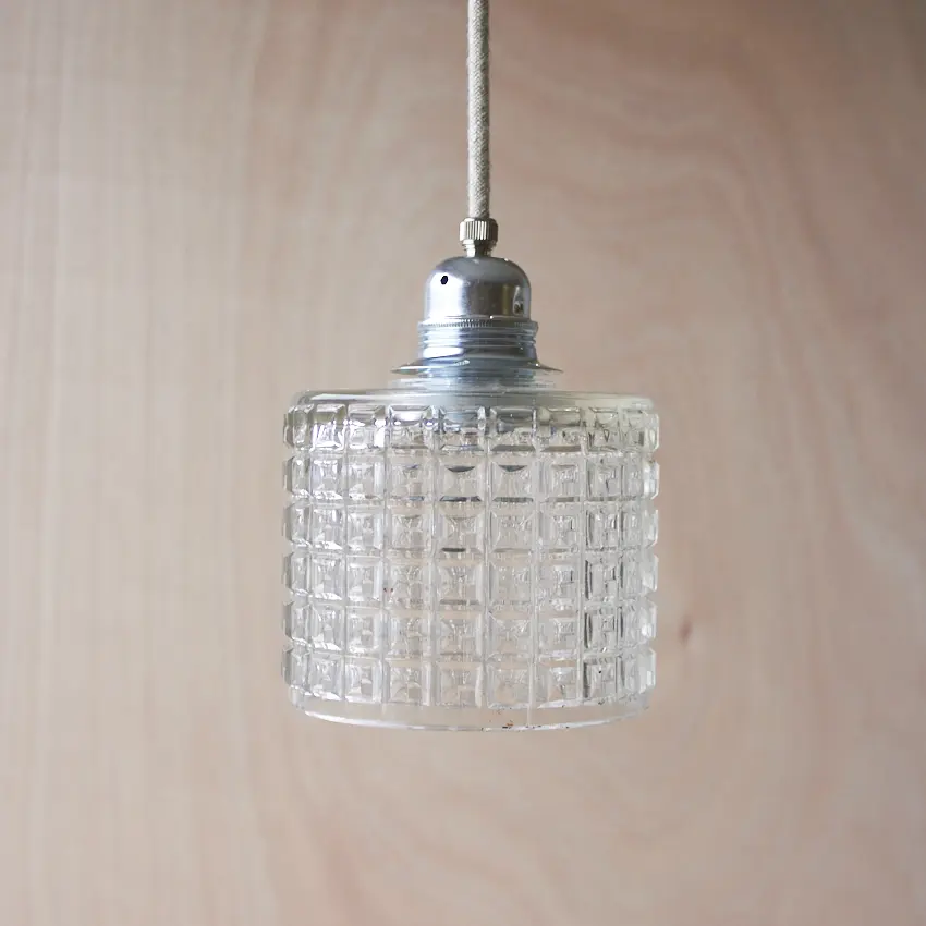 vintage glazen hanglamp met blokjes patroon 586